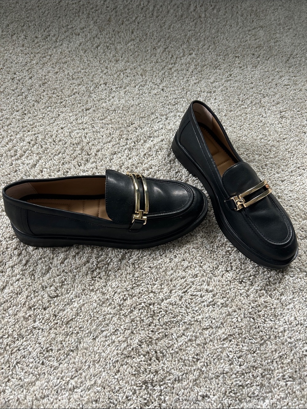 Kelly & Katie Black Leather Loafers with Gold Buckle